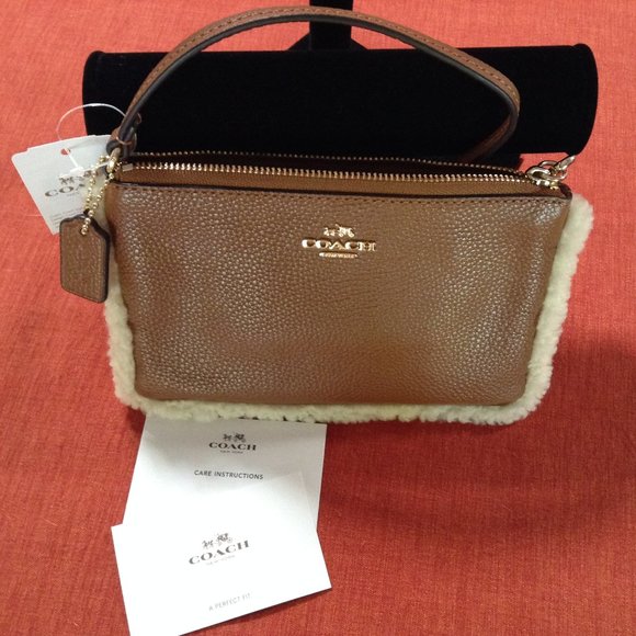 Coach Natural Shearling Saddle Leather Nolita Wristlet Purse 2 Available NWT - Picture 1 of 5